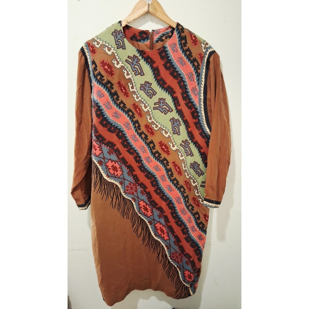 Vintage Umi Collections by Anne Crimmins Silk Dress Long Sleeve Aztec Western LG